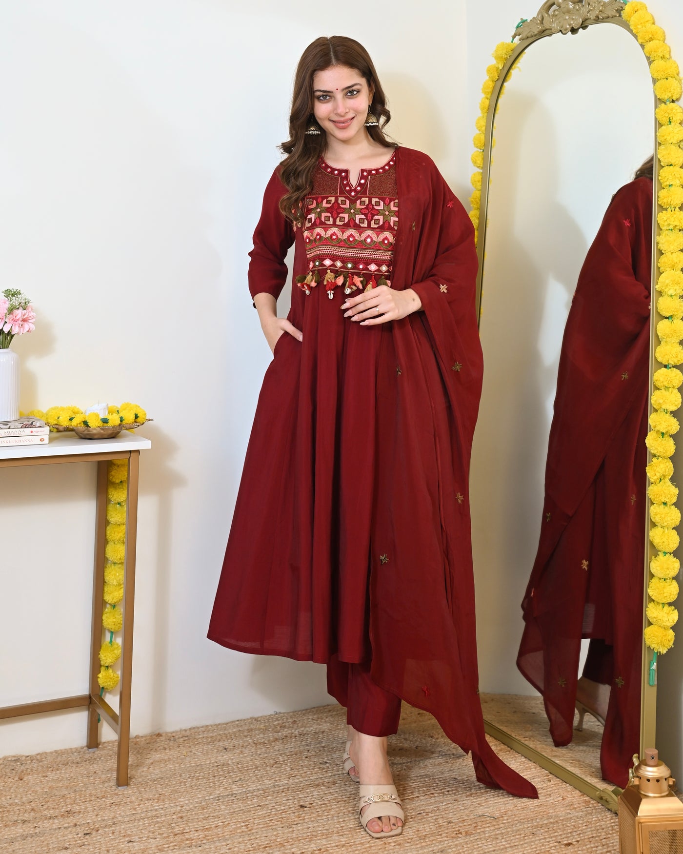 Mehroon Mahal Threadwork A Line Muslin Suit