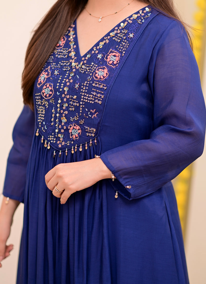 Persian Blue Noor Handwork Mul Chanderi A Line Suit