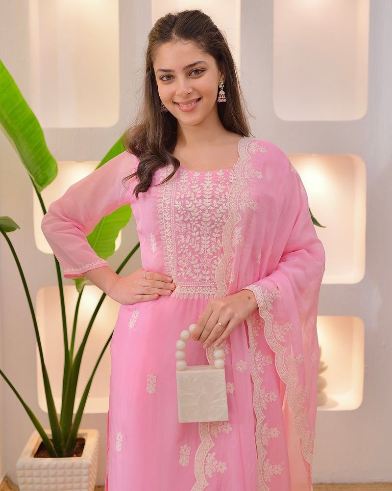 Baby Pink Lucknowi Organza Suit