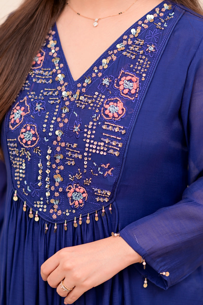 Persian Blue Noor Handwork Mul Chanderi A Line Suit