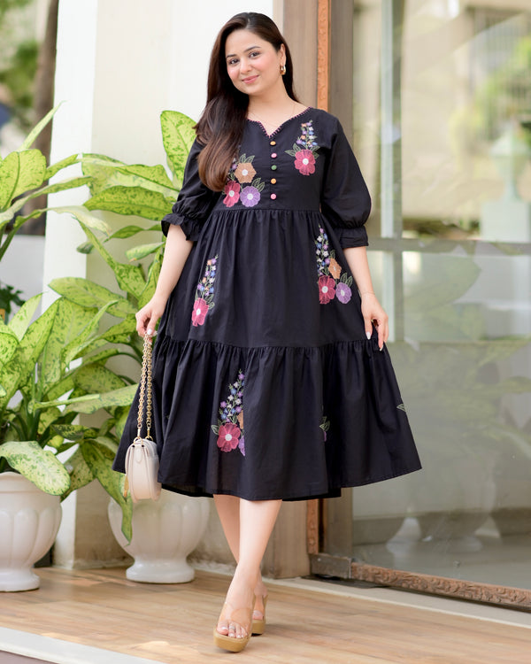 Black Boho Botanica Threadwork Cotton Dress