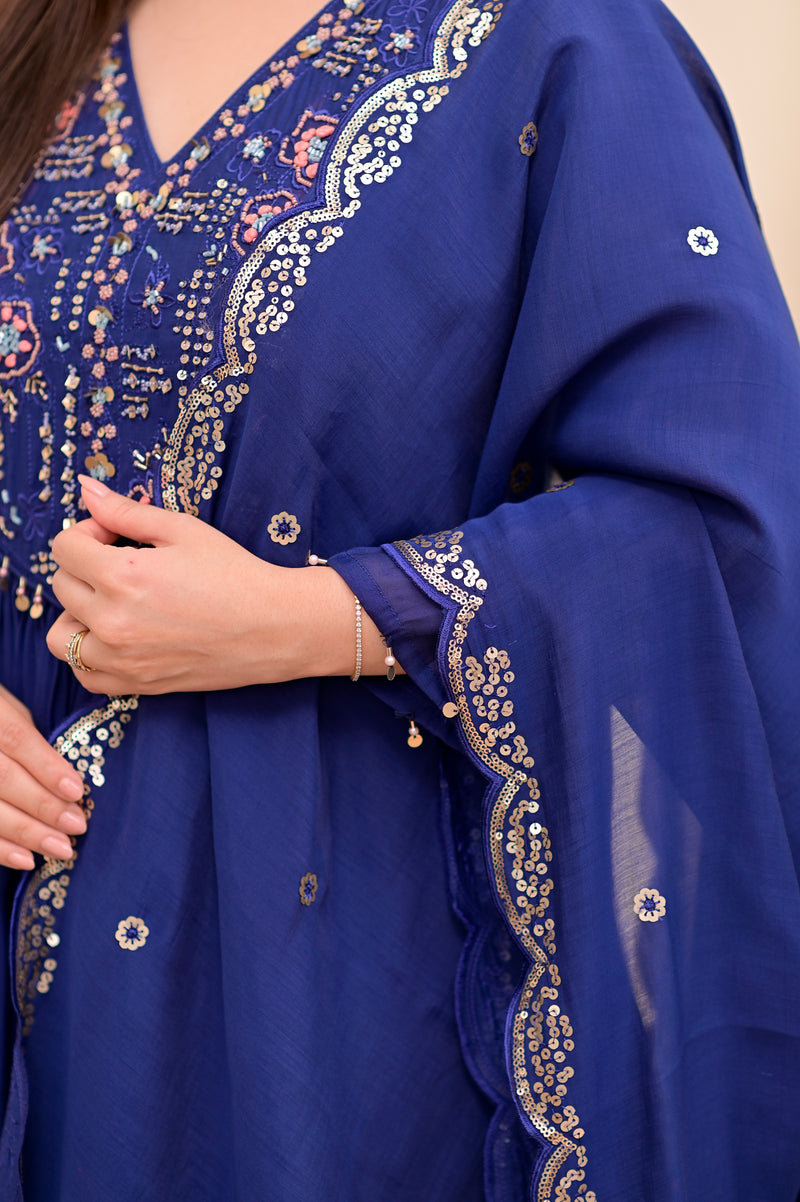 Persian Blue Noor Handwork Mul Chanderi A Line Suit