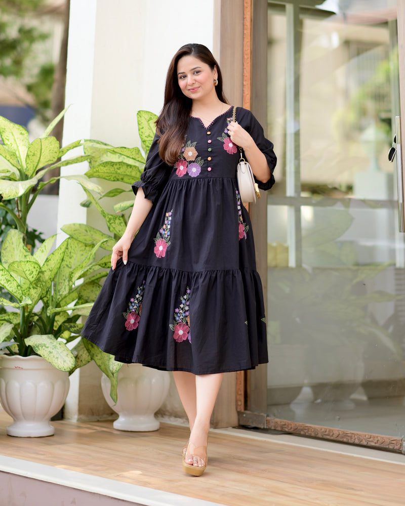 Black Boho Botanica Threadwork Cotton Dress