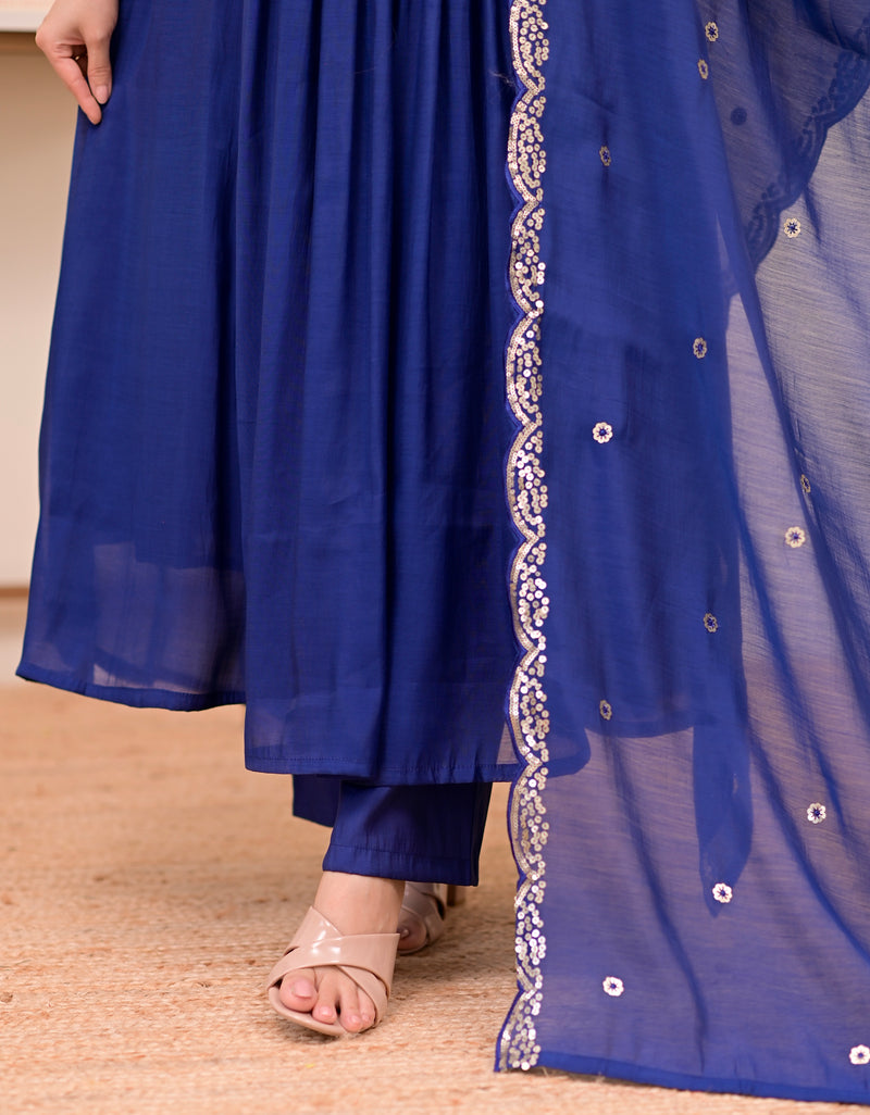 Persian Blue Noor Handwork Mul Chanderi A Line Suit