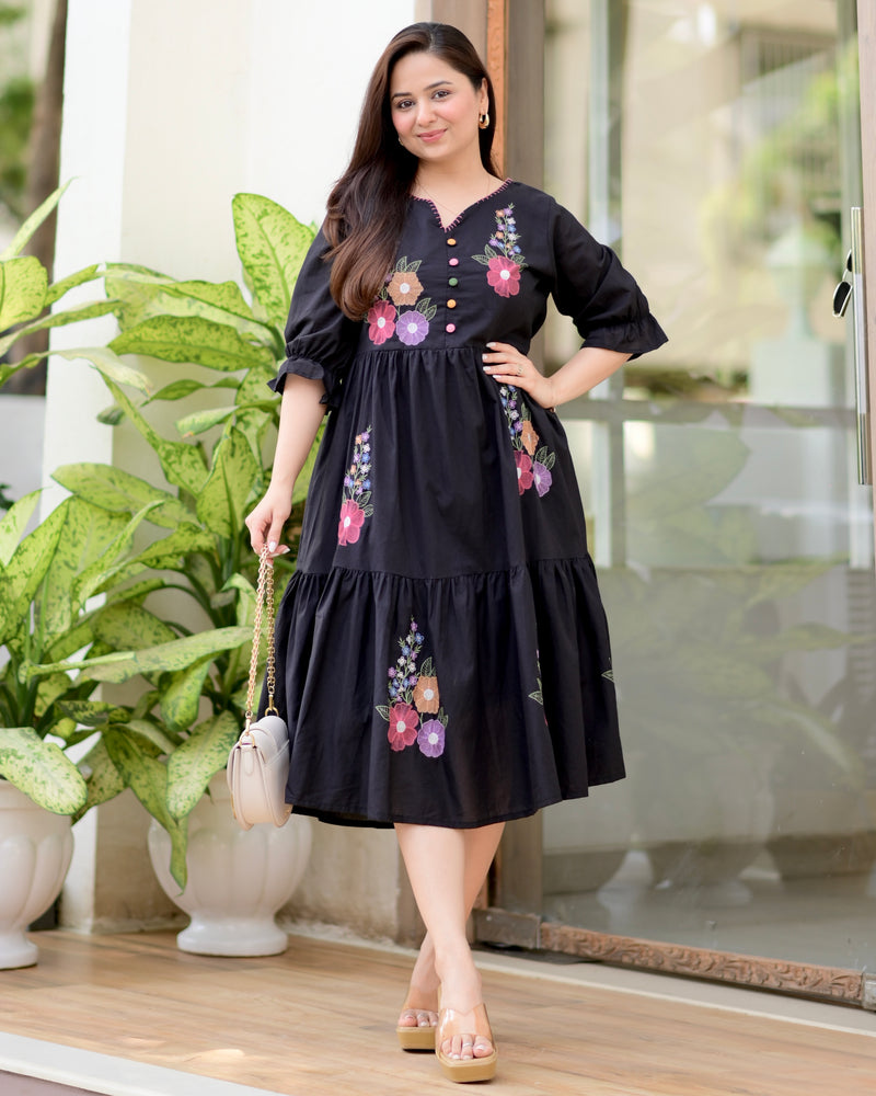 Black Boho Botanica Threadwork Cotton Dress