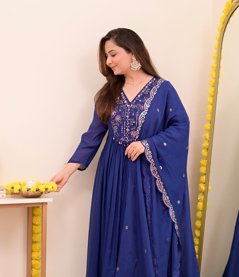 Persian Blue Noor Handwork Mul Chanderi A Line Suit