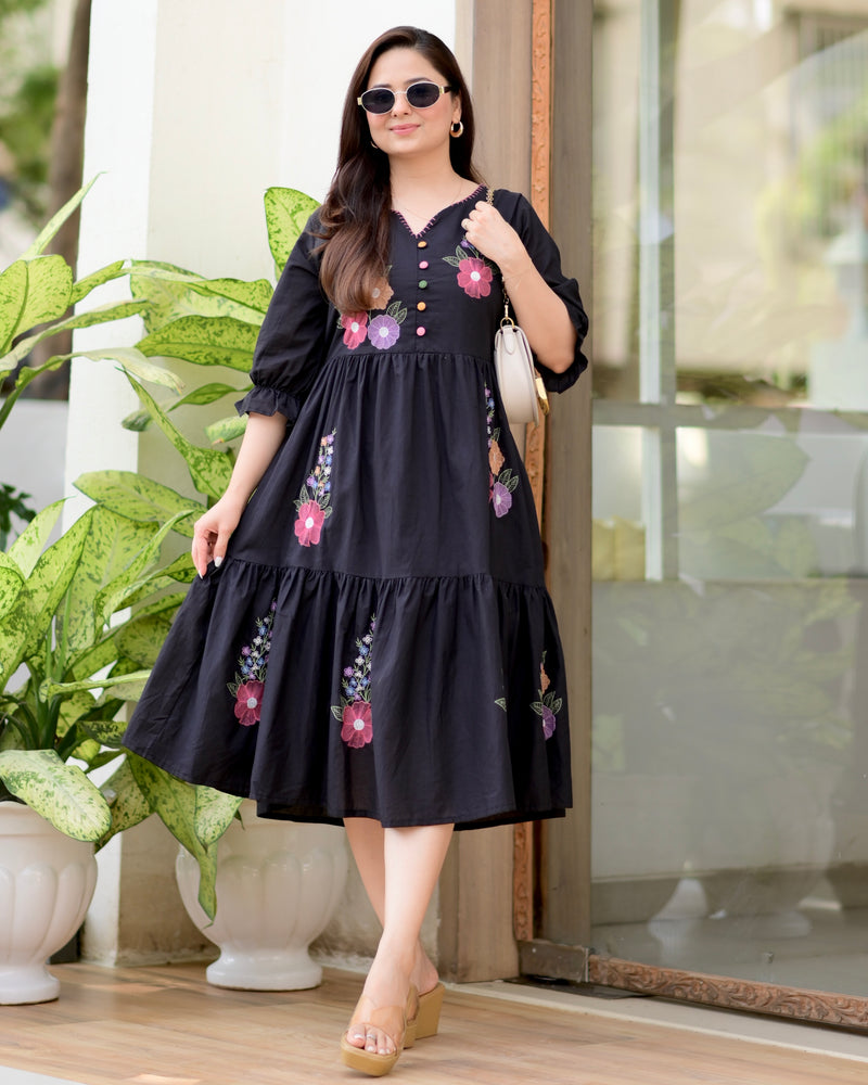 Black Boho Botanica Threadwork Cotton Dress