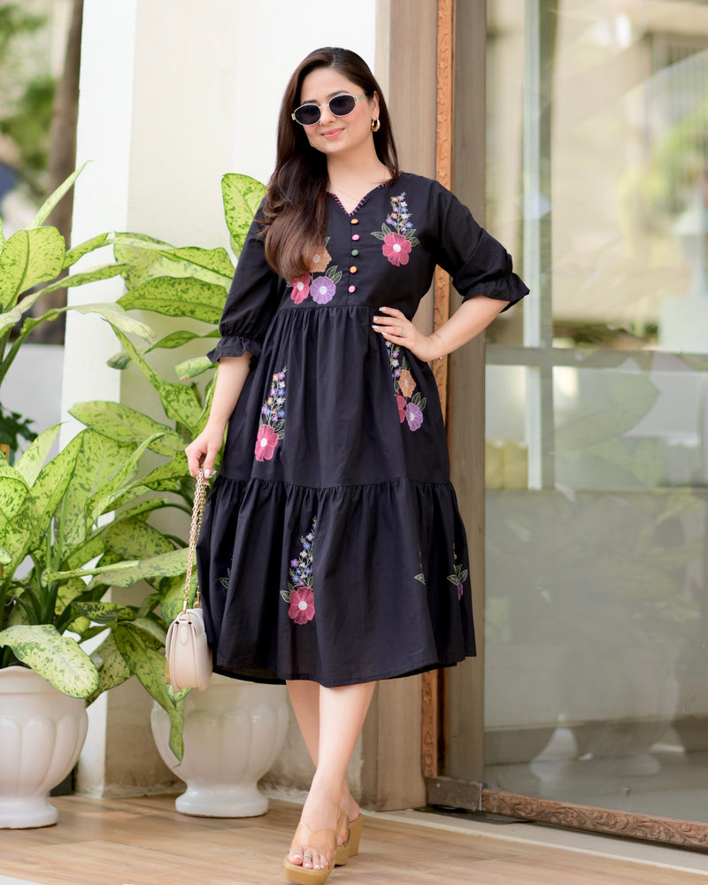 Black Boho Botanica Threadwork Cotton Dress