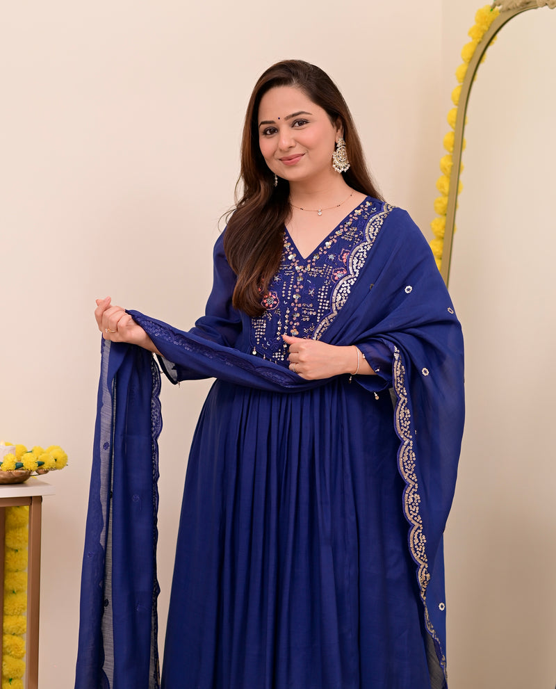 Persian Blue Noor Handwork Mul Chanderi A Line Suit