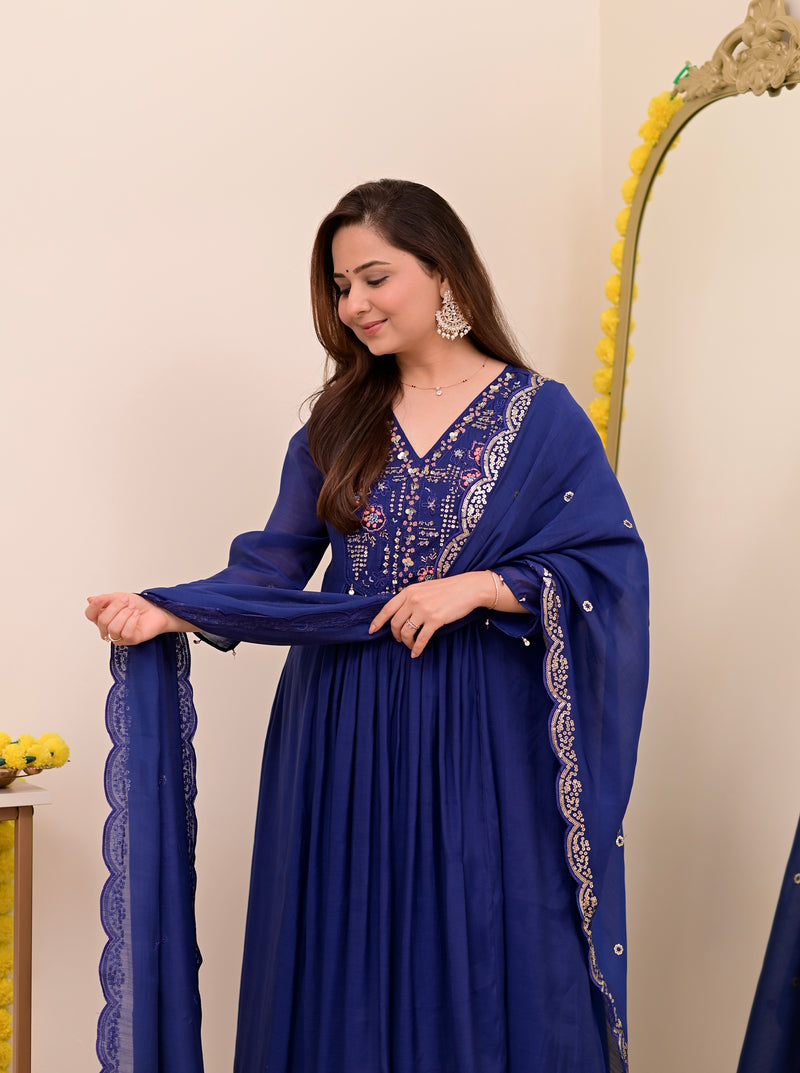 Persian Blue Noor Handwork Mul Chanderi A Line Suit
