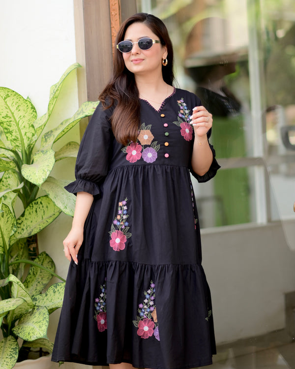 Black Boho Botanica Threadwork Cotton Dress