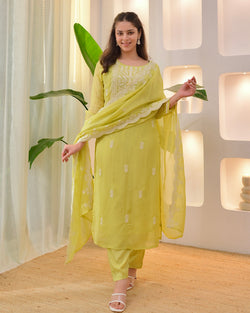 Greenish Yellow Lucknowi Organza Suit