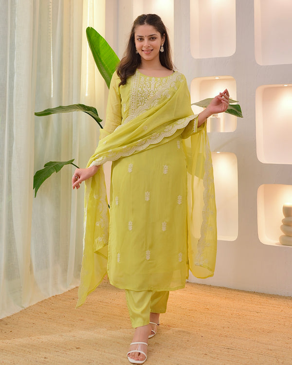 Greenish Yellow Lucknowi Organza Suit