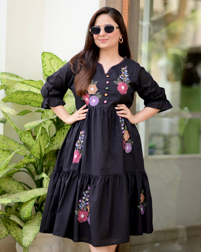Black Boho Botanica Threadwork Cotton Dress