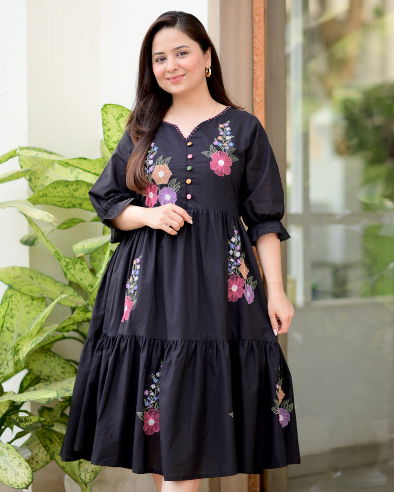 Black Boho Botanica Threadwork Cotton Dress