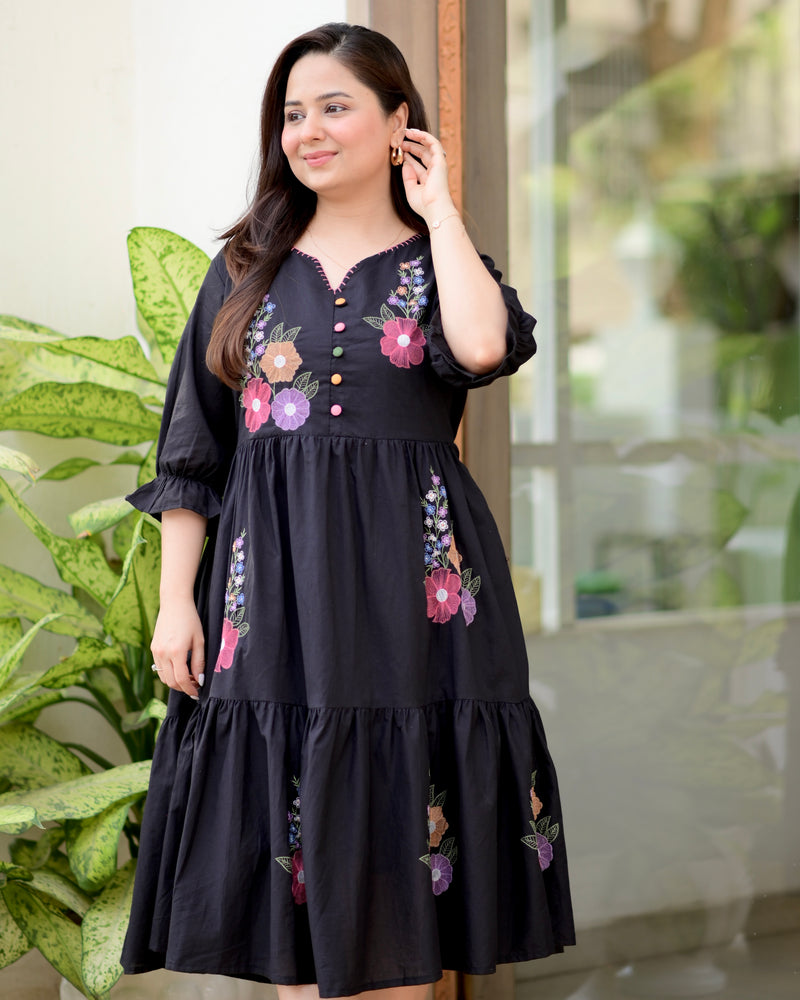 Black Boho Botanica Threadwork Cotton Dress