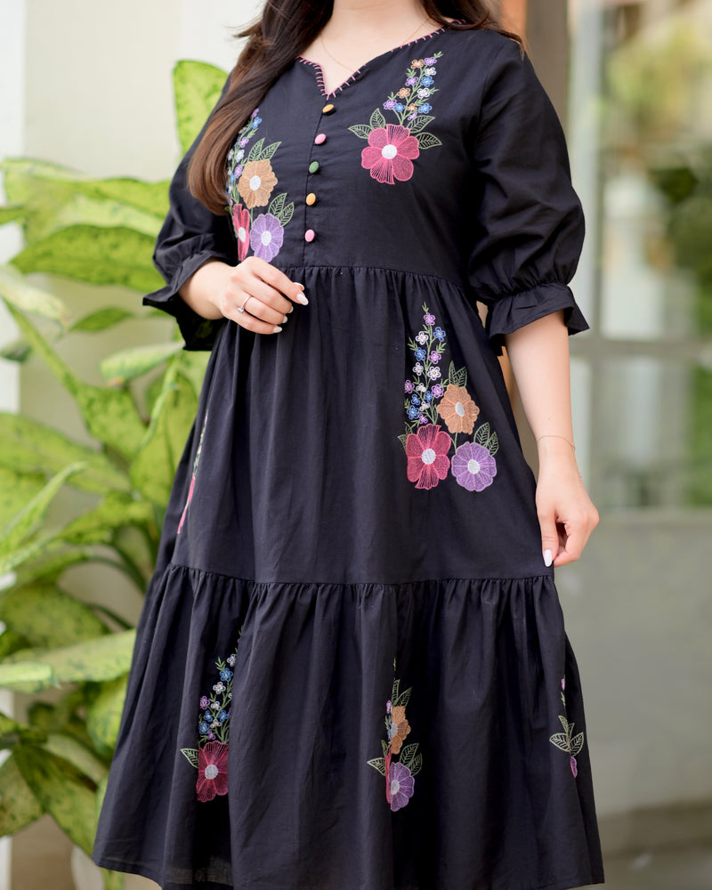 Black Boho Botanica Threadwork Cotton Dress