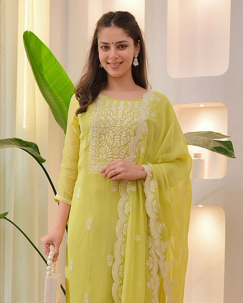 Greenish Yellow Lucknowi Organza Suit