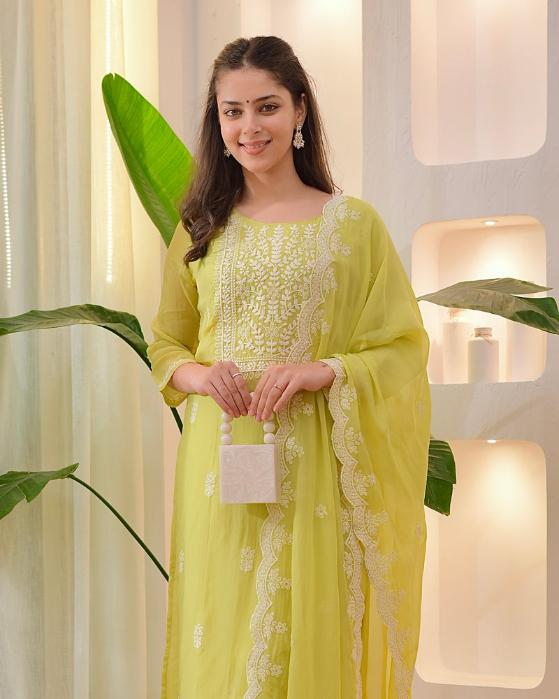 Greenish Yellow Lucknowi Organza Suit