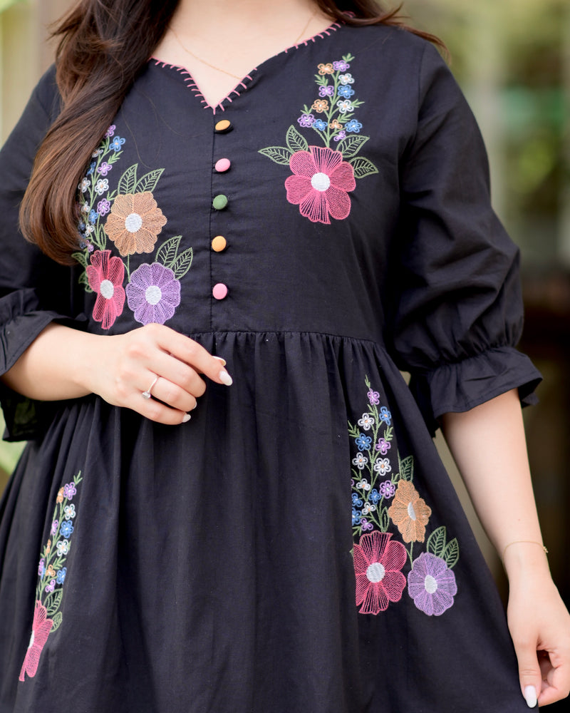 Black Boho Botanica Threadwork Cotton Dress