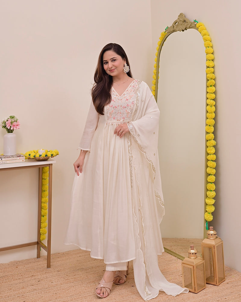 Pearl Noor Handwork Mul Chanderi A Line Suit