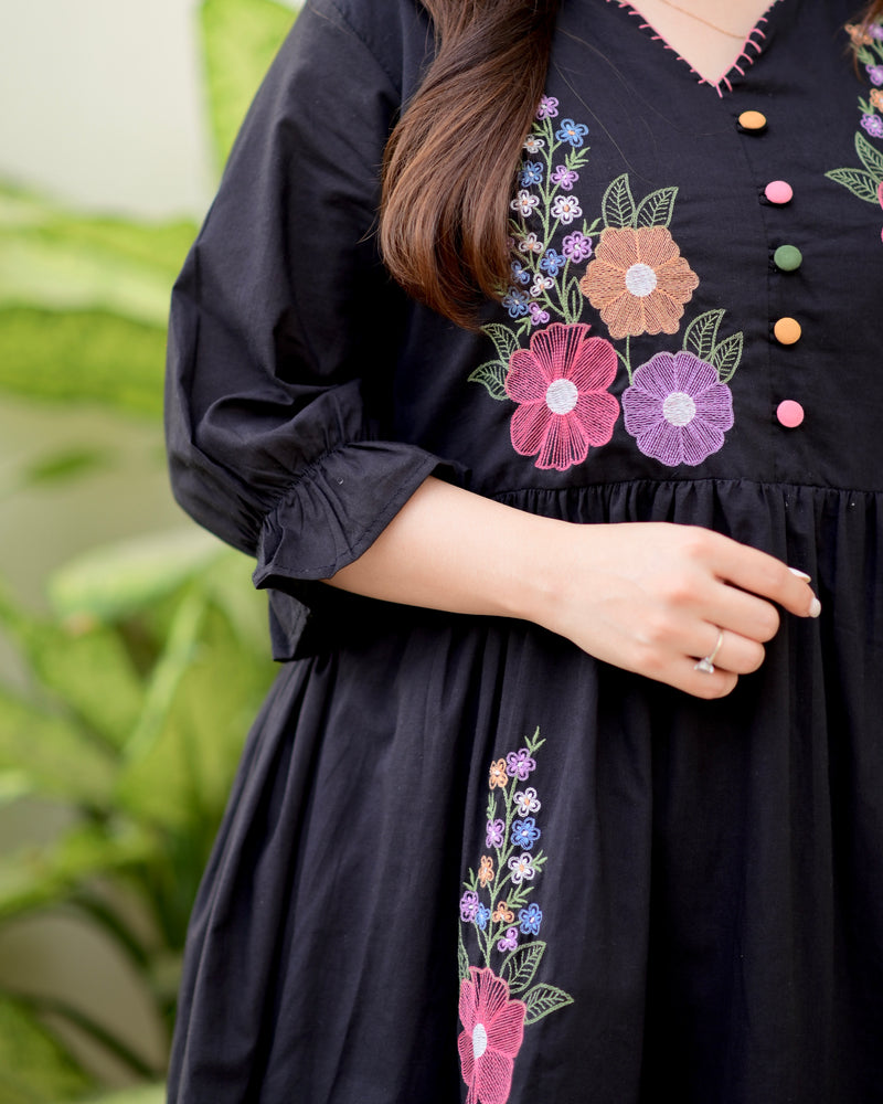 Black Boho Botanica Threadwork Cotton Dress