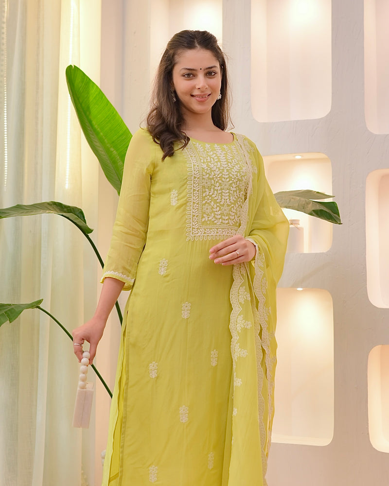 Greenish Yellow Lucknowi Organza Suit