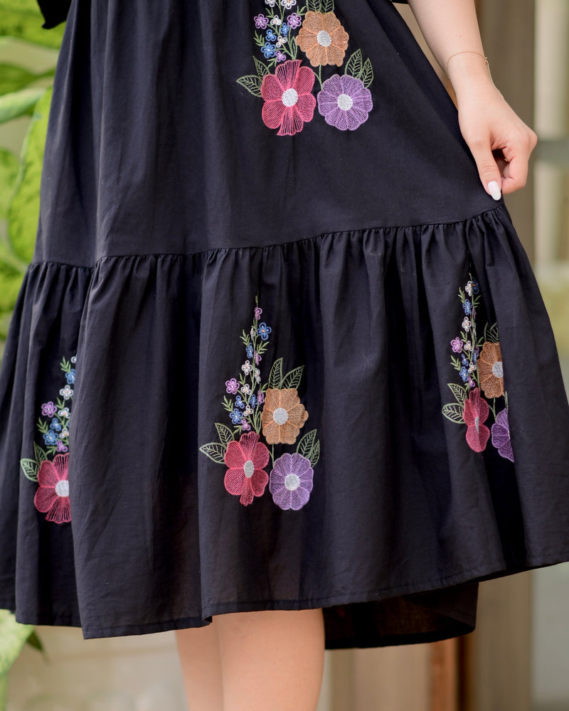Black Boho Botanica Threadwork Cotton Dress