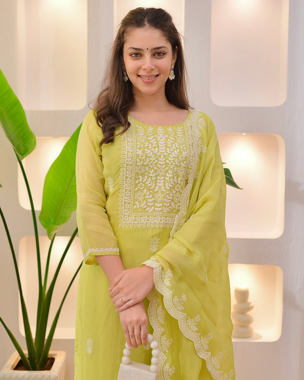 Greenish Yellow Lucknowi Organza Suit