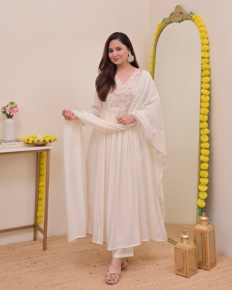 Pearl Noor Handwork Mul Chanderi A Line Suit