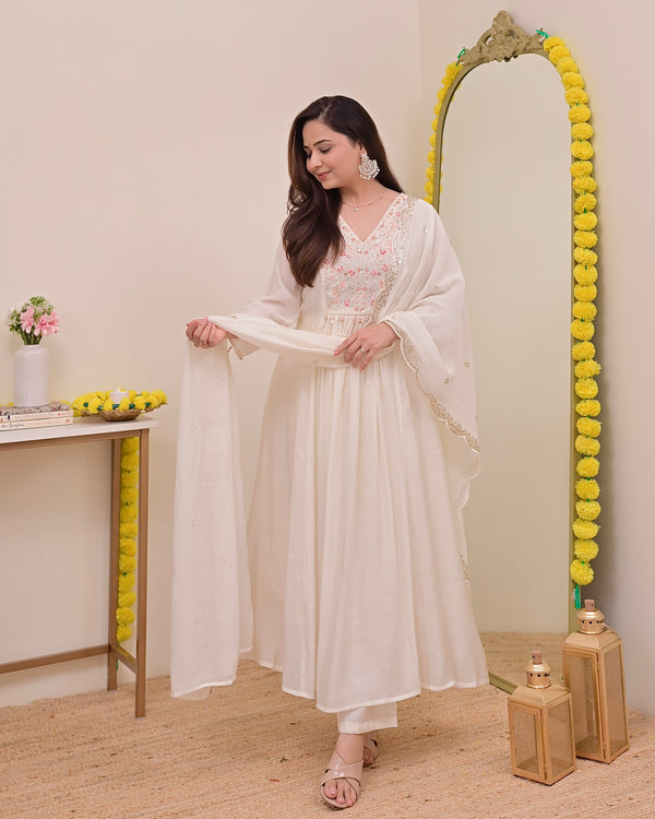 Pearl Noor Handwork Mul Chanderi A Line Suit