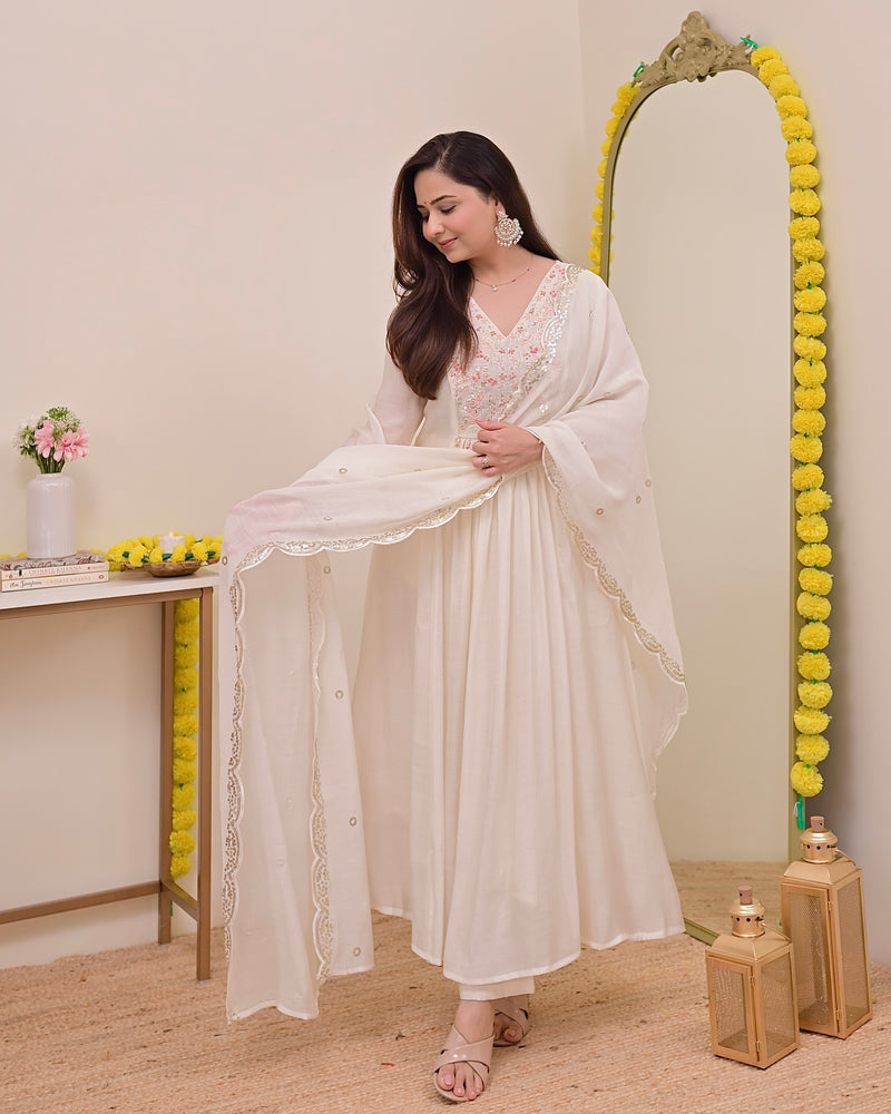 Pearl Noor Handwork Mul Chanderi A Line Suit