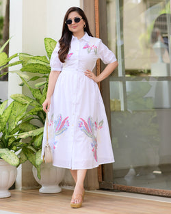 White Bright Blossom Threaded Cotton Dress