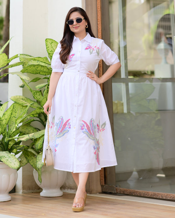 White Bright Blossom Threaded Cotton Dress
