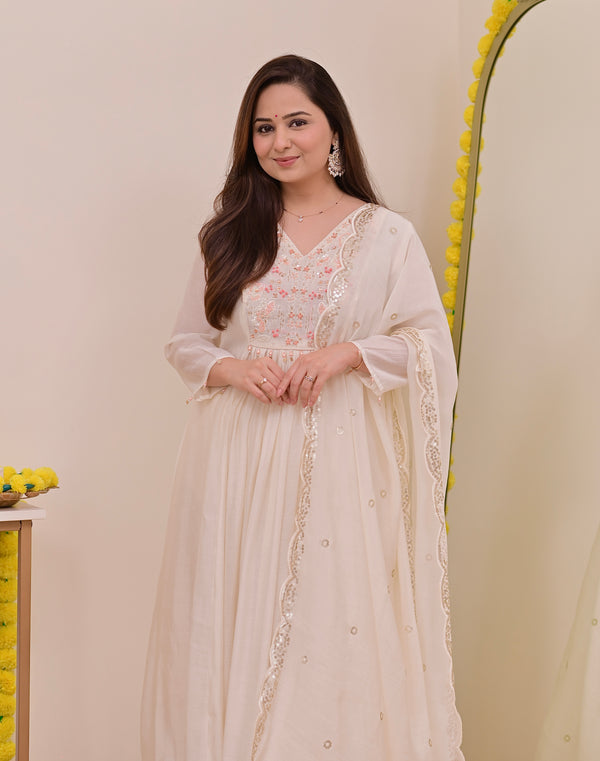 Pearl Noor Handwork Mul Chanderi A Line Suit