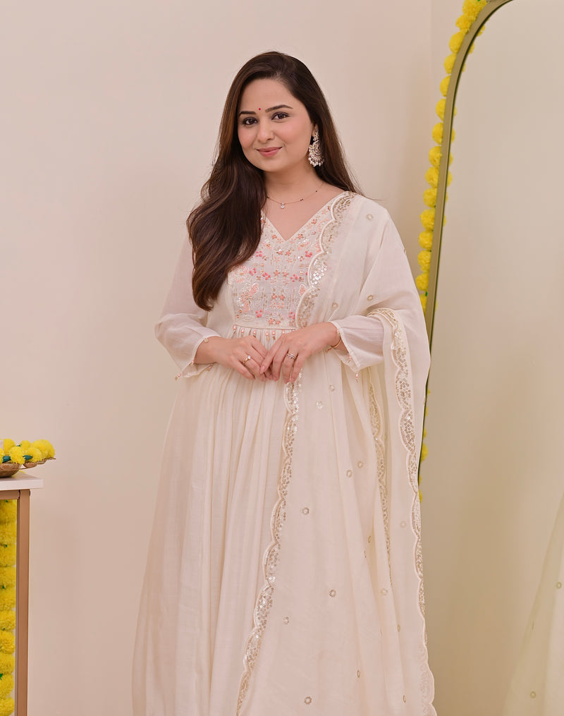 Pearl Noor Handwork Mul Chanderi A Line Suit