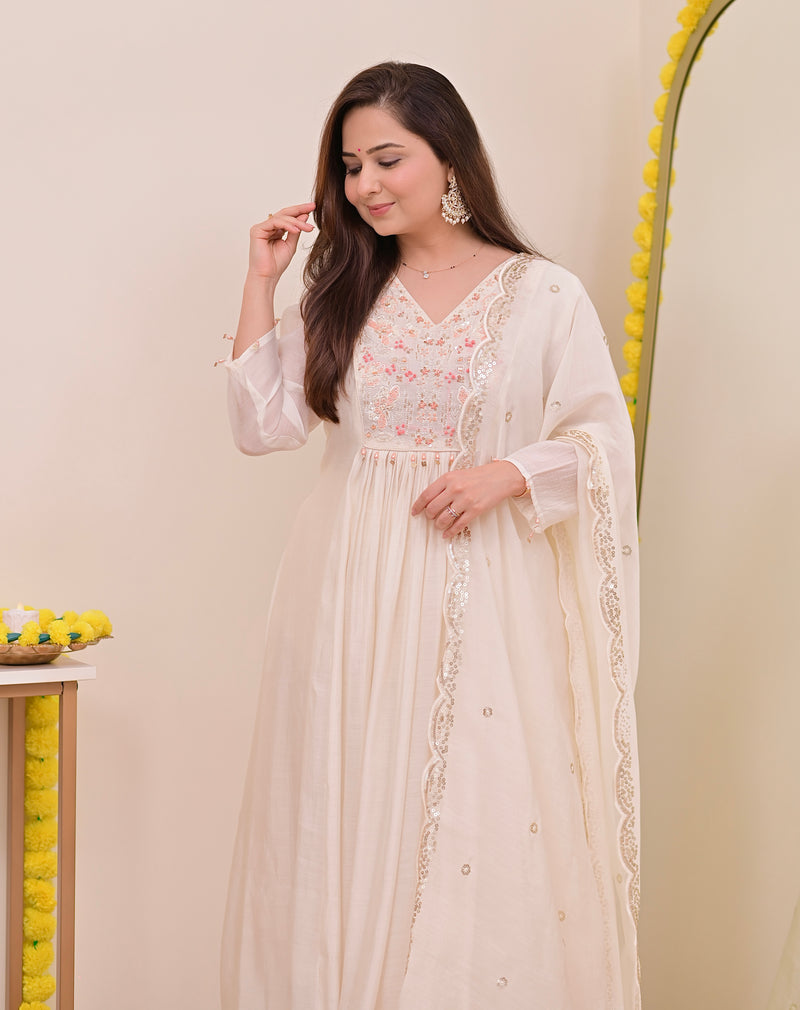 Pearl Noor Handwork Mul Chanderi A Line Suit
