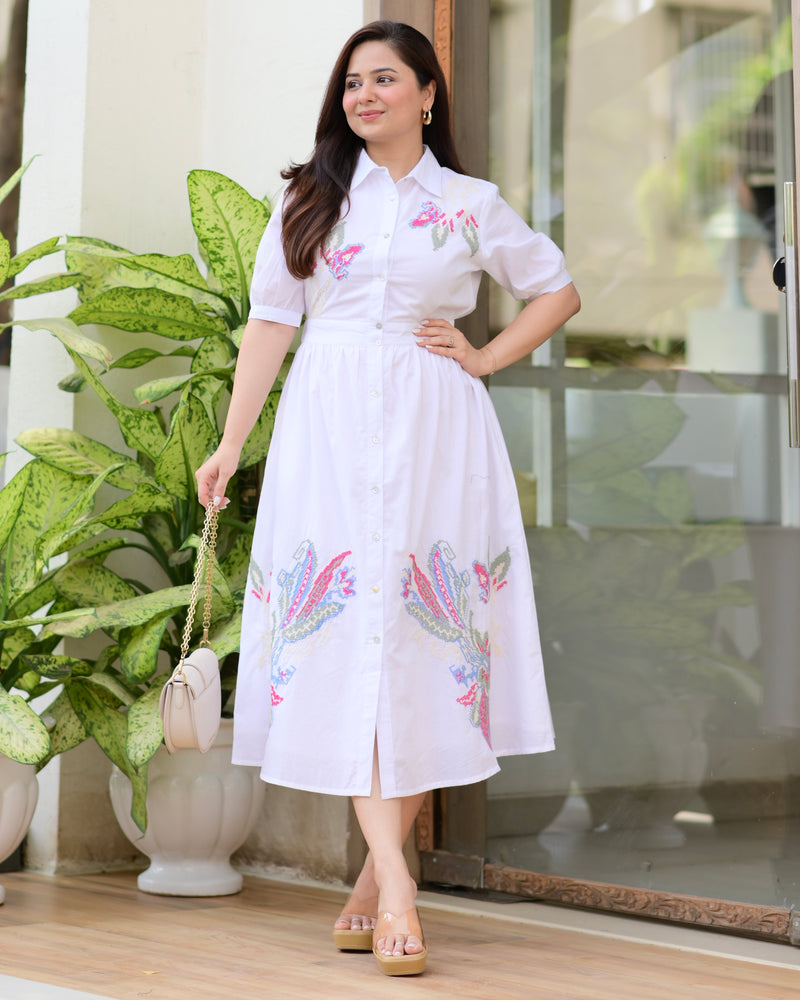White Bright Blossom Threaded Cotton Dress