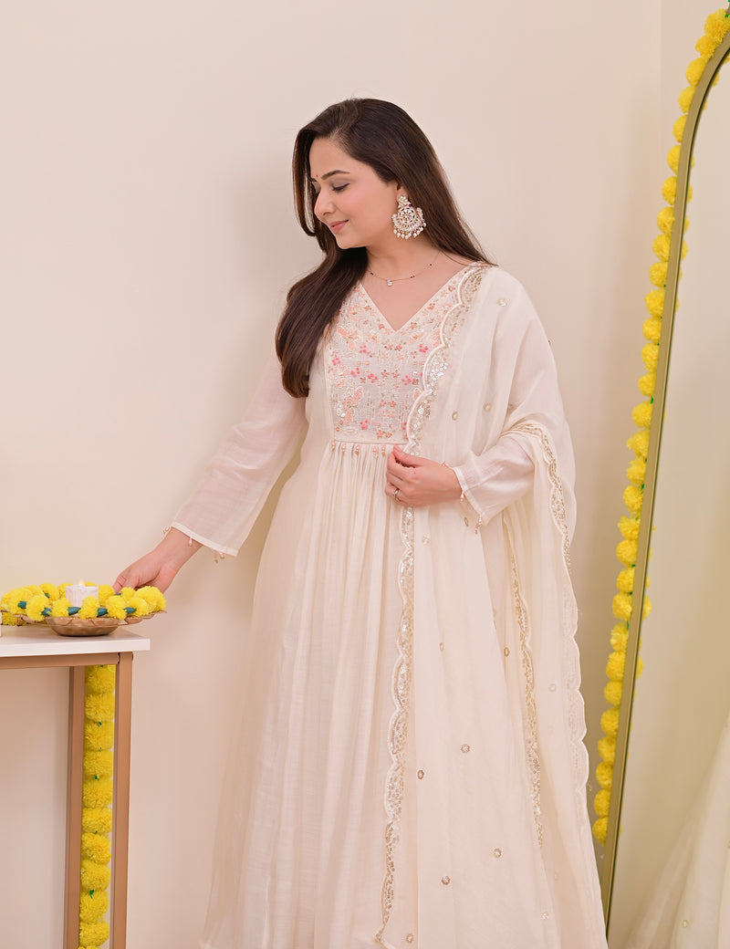 Pearl Noor Handwork Mul Chanderi A Line Suit
