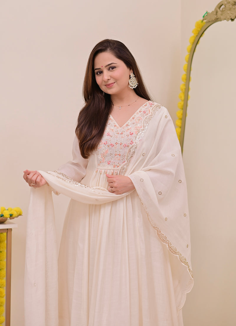 Pearl Noor Handwork Mul Chanderi A Line Suit