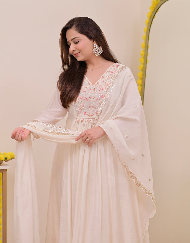 Pearl Noor Handwork Mul Chanderi A Line Suit