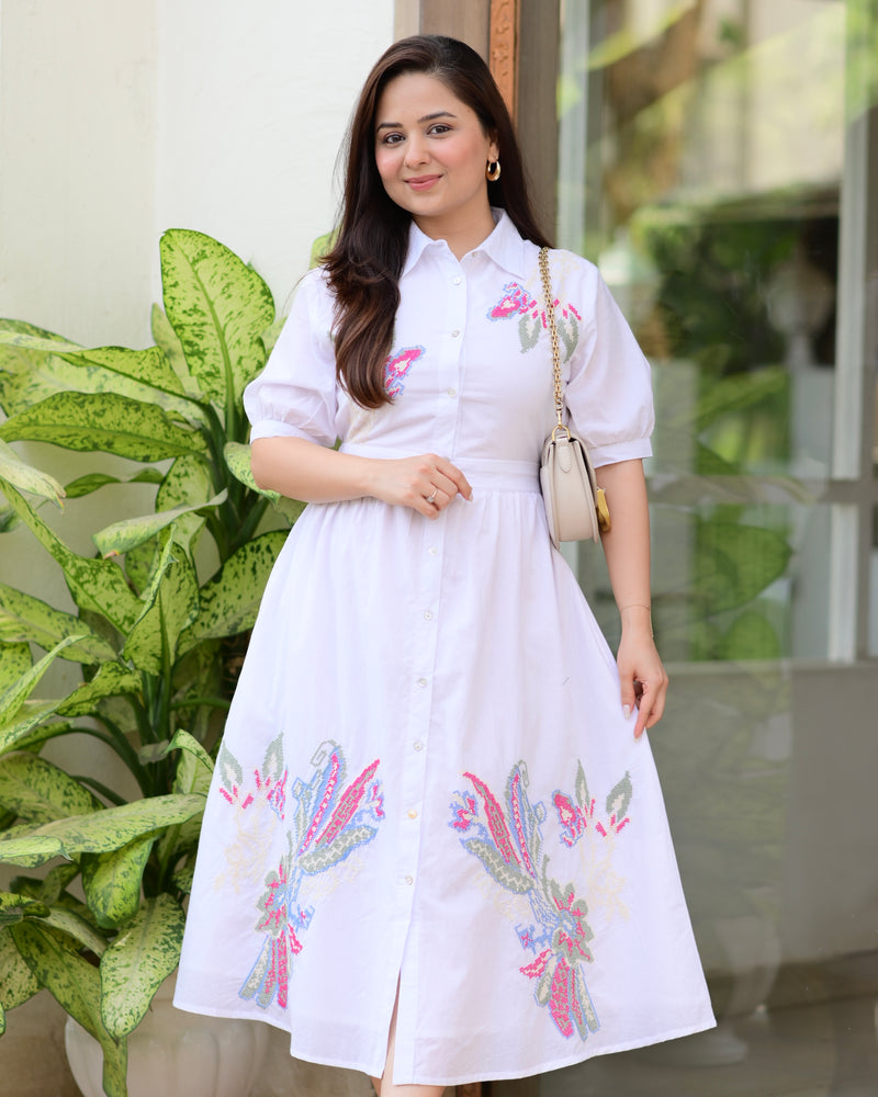 White Bright Blossom Threaded Cotton Dress