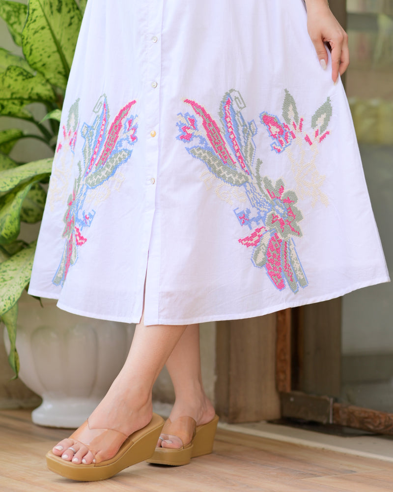 White Bright Blossom Threaded Cotton Dress