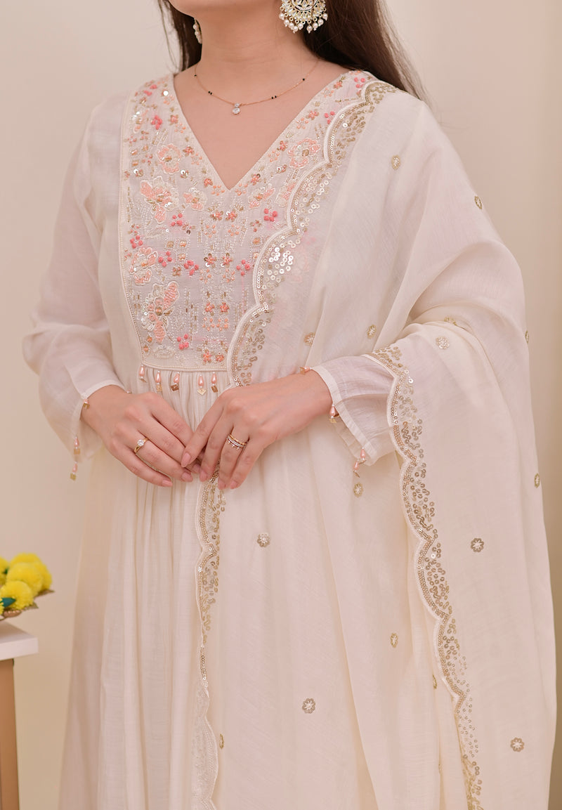 Pearl Noor Handwork Mul Chanderi A Line Suit