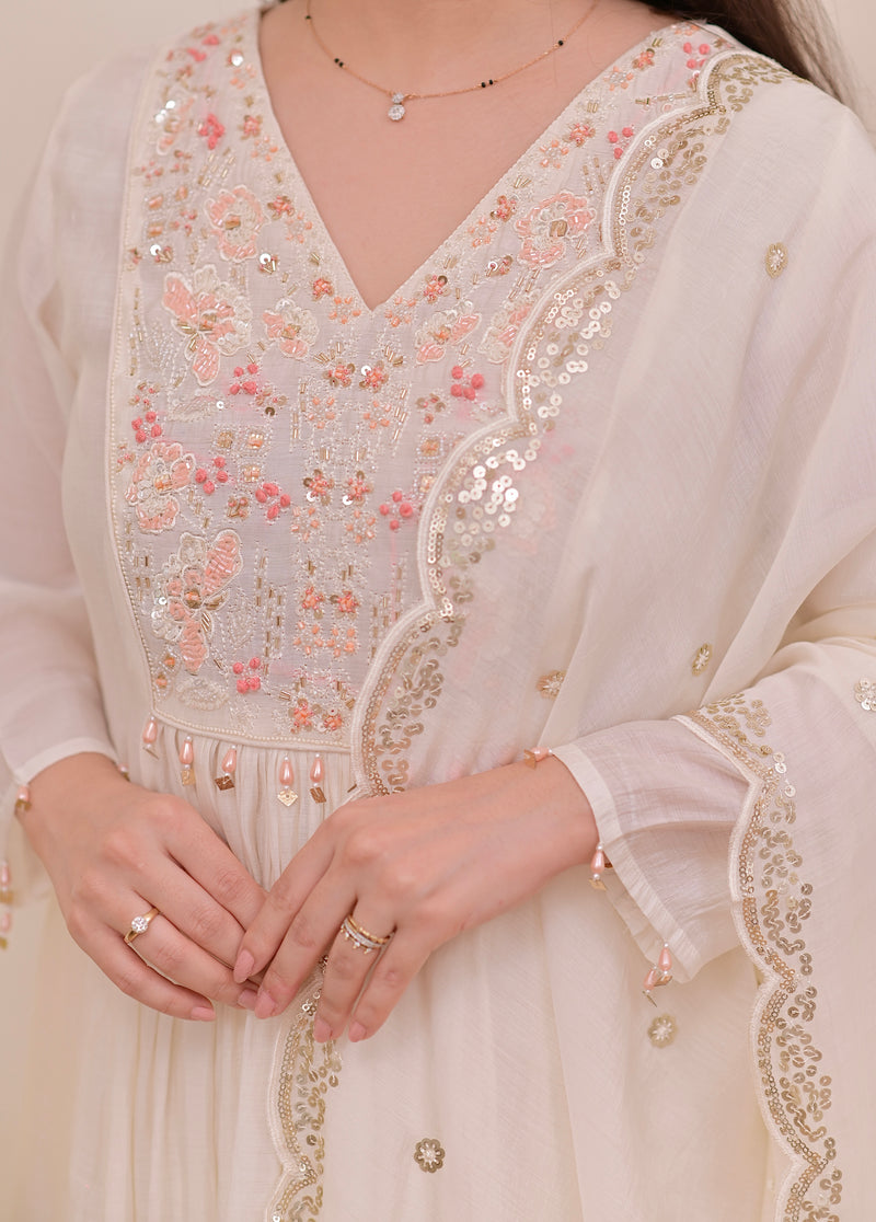 Pearl Noor Handwork Mul Chanderi A Line Suit