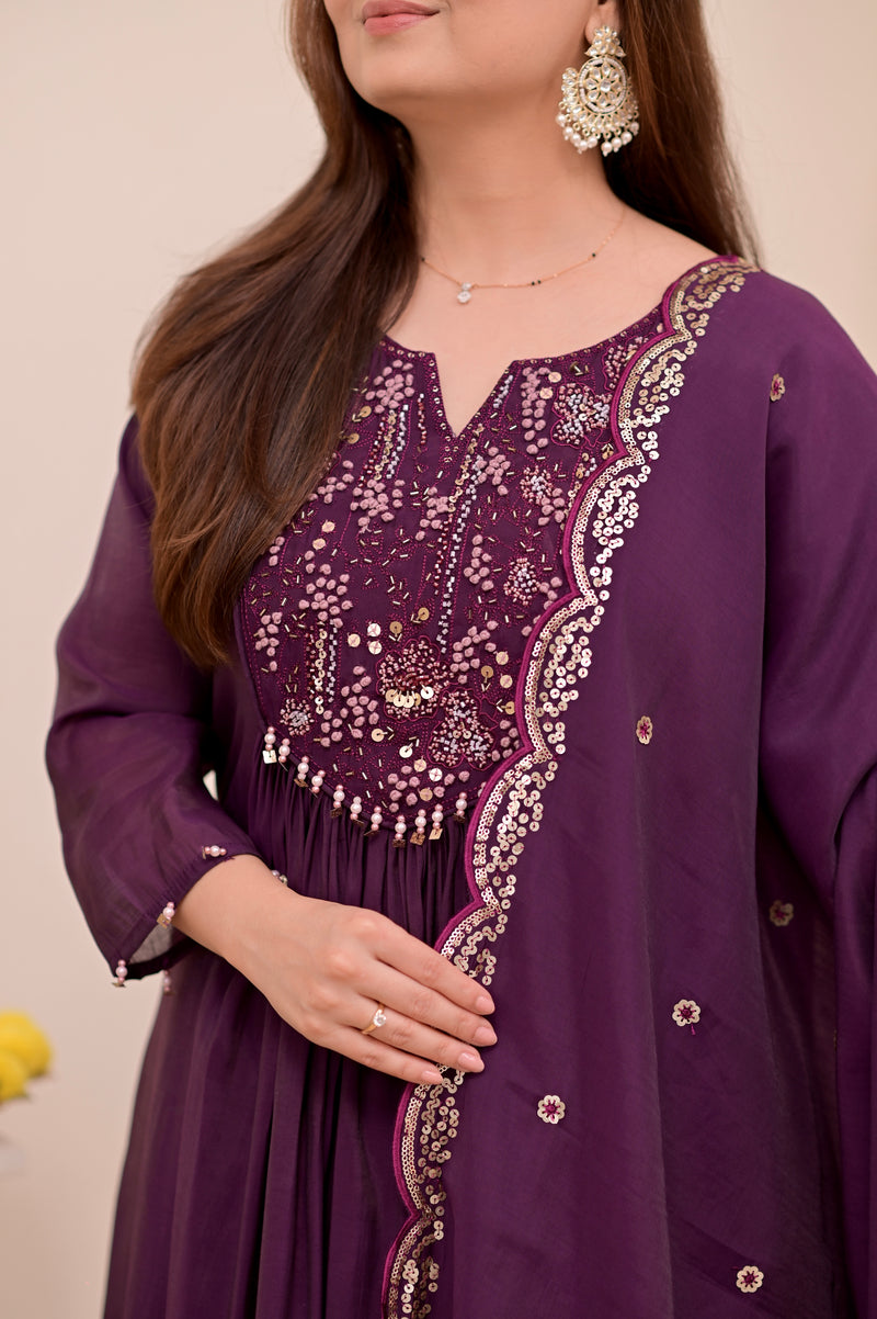 Magenta Noor Handwork Mul Chanderi A Line Suit