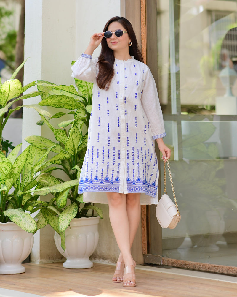 White Blue Blossom Threadwork Premium Cotton Dress