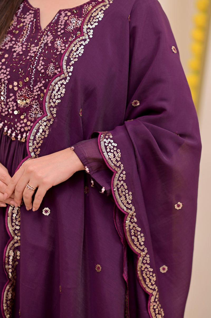 Magenta Noor Handwork Mul Chanderi A Line Suit