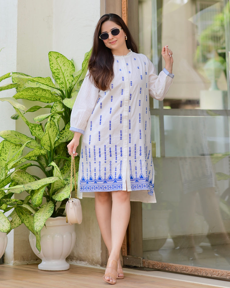 White Blue Blossom Threadwork Premium Cotton Dress