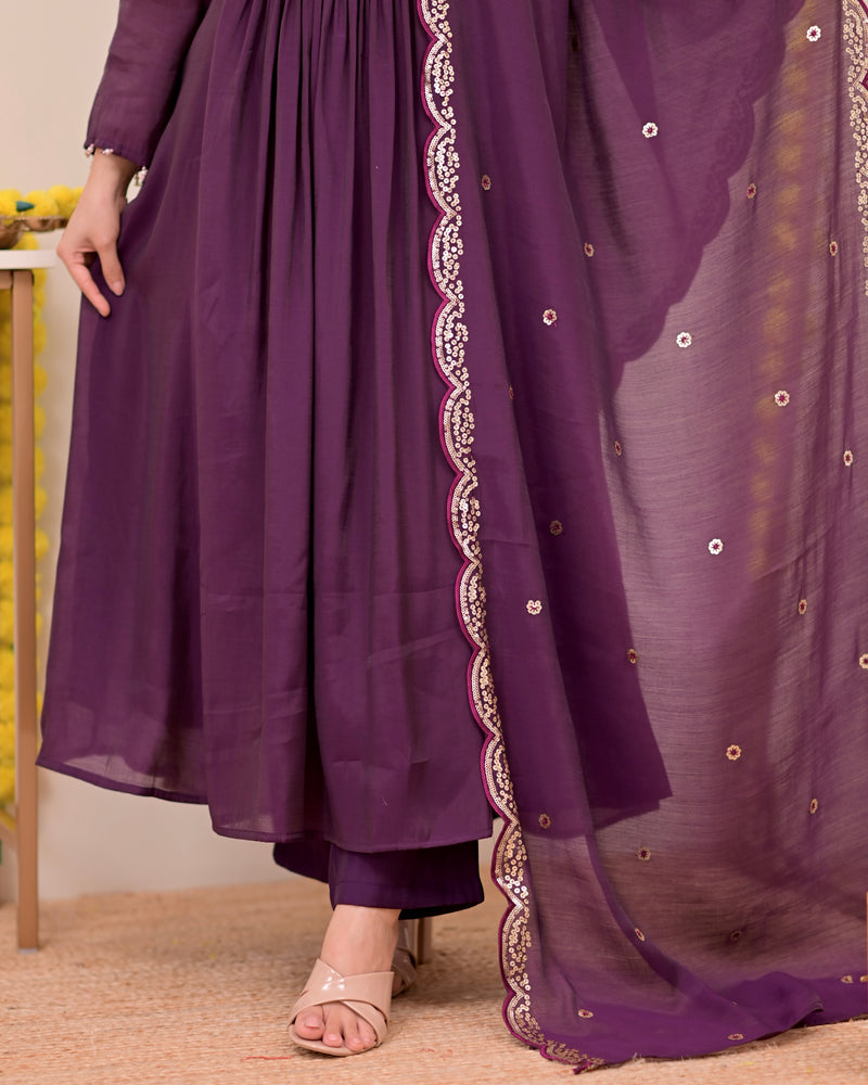 Magenta Noor Handwork Mul Chanderi A Line Suit